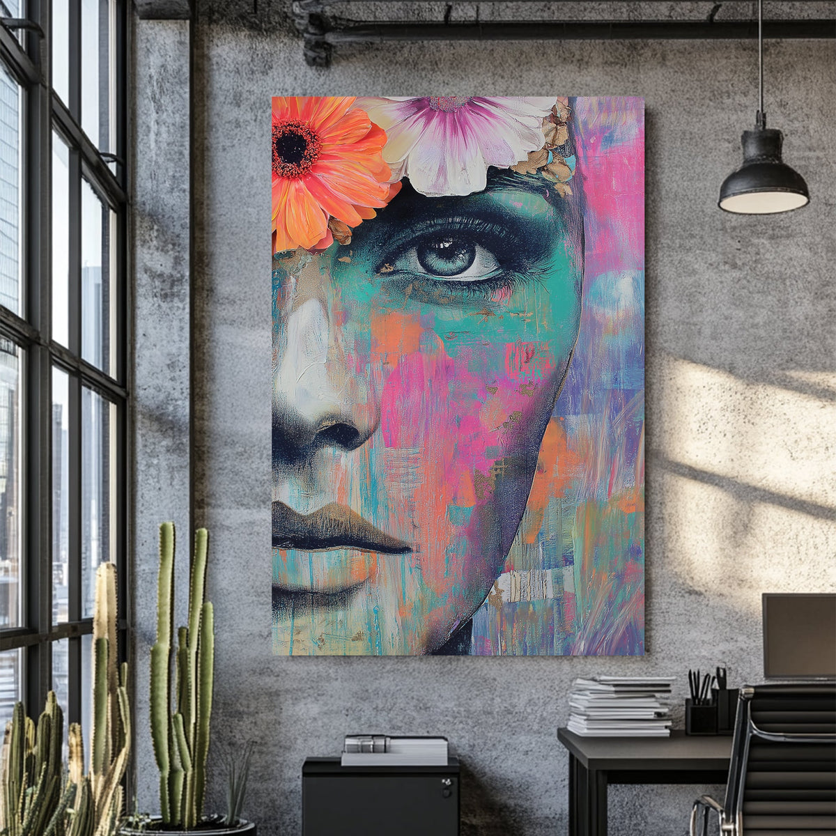 vibrant female portrait wall art with flowers