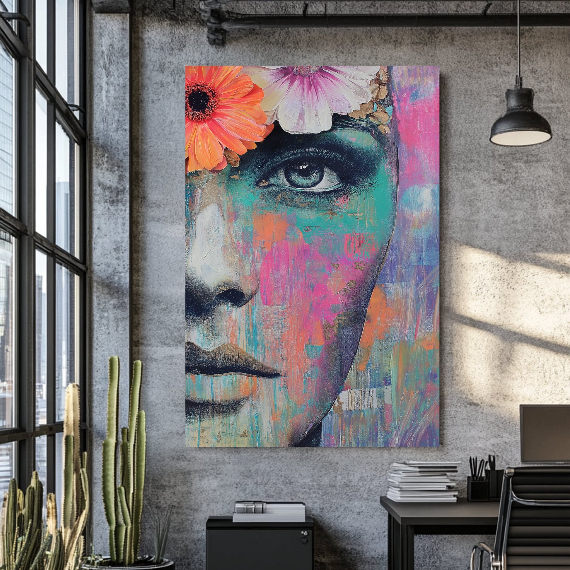 vibrant female portrait wall art with flowers