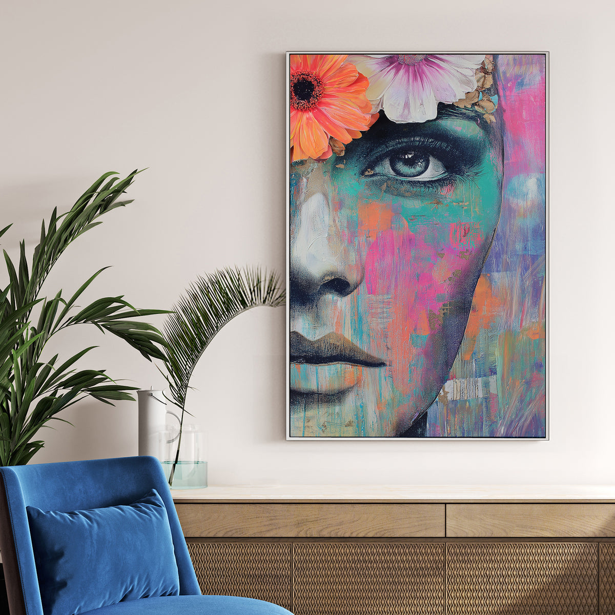 vibrant female portrait wall art with flowers