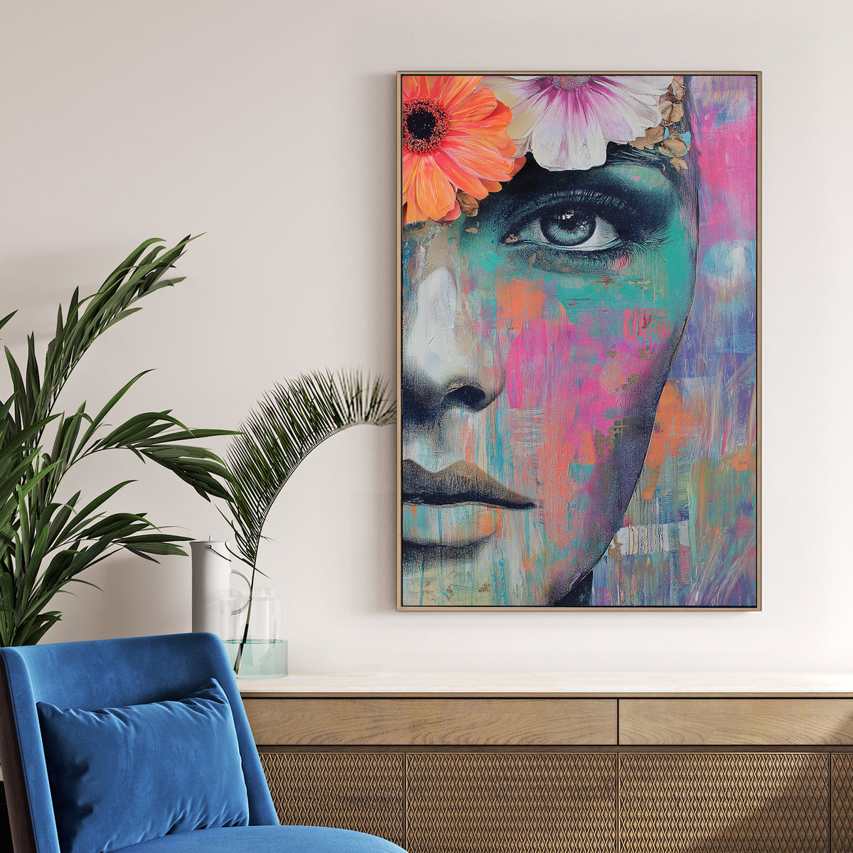 vibrant female portrait wall art with flowers