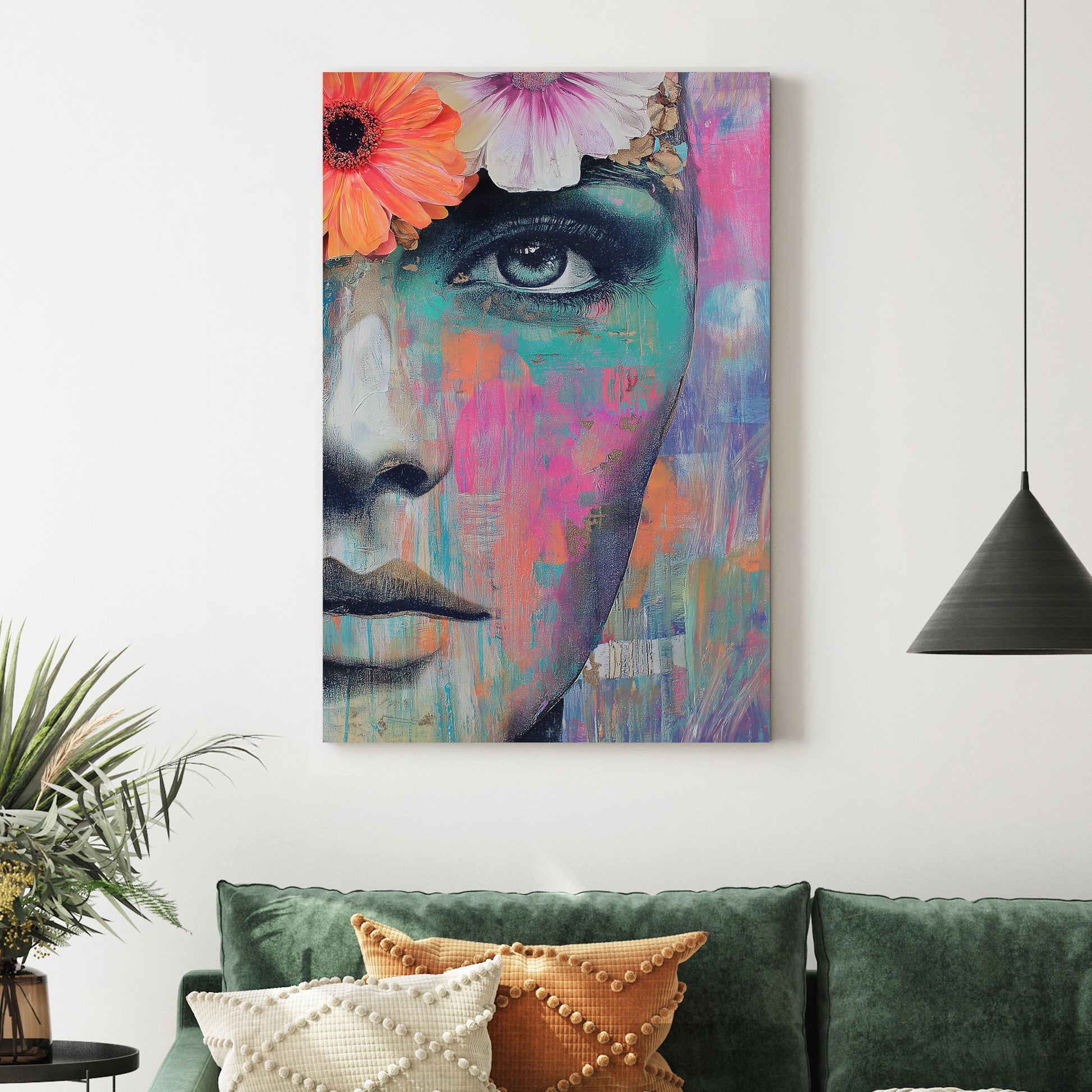 vibrant female portrait wall art with flowers