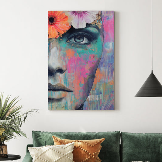 vibrant female portrait wall art with flowers