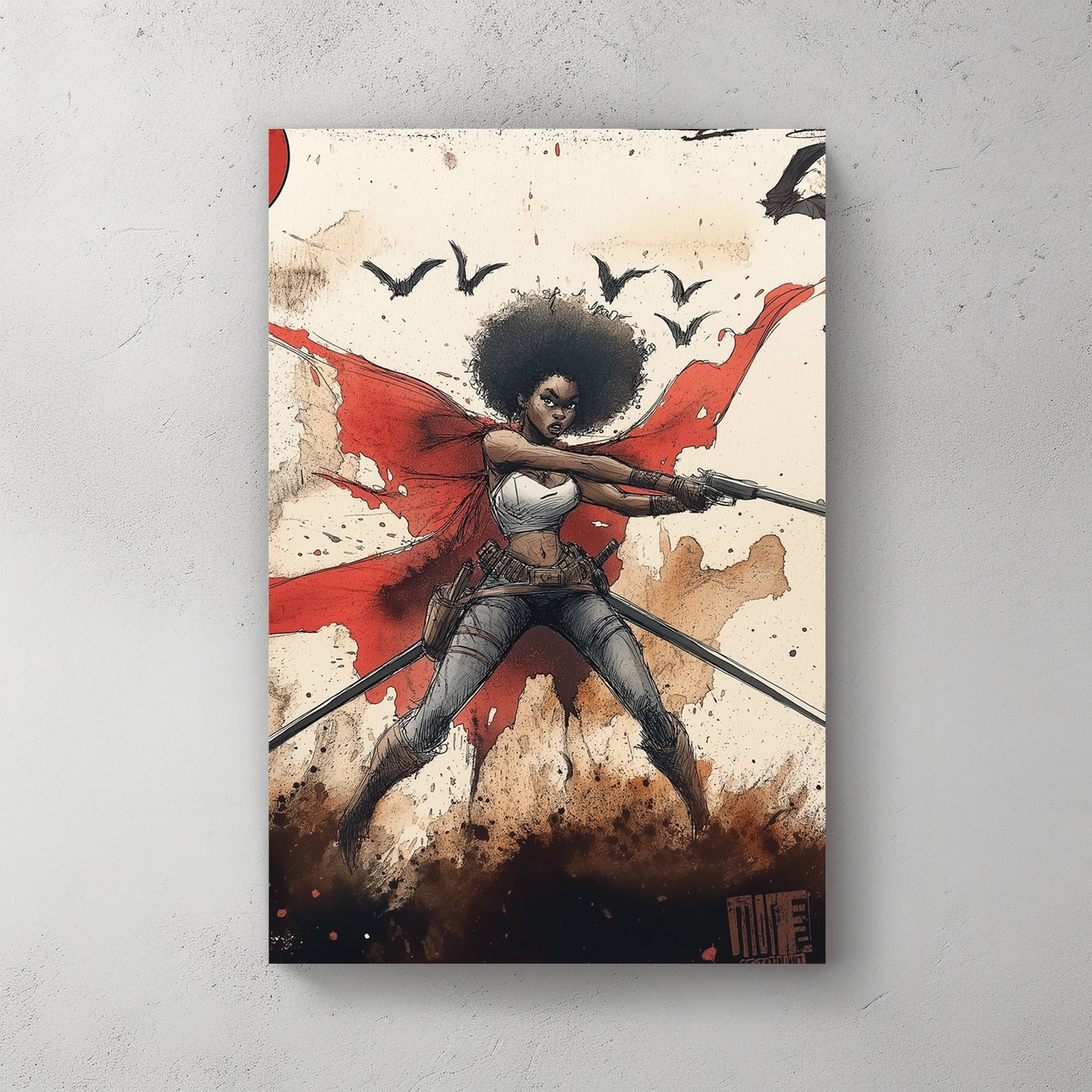 comic style warrior woman wall art with red cape and weapons