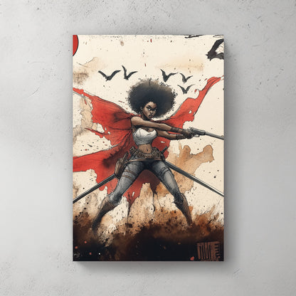 comic style warrior woman wall art with red cape and weapons