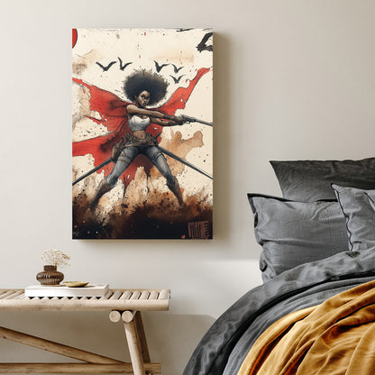 comic style warrior woman wall art with red cape and weapons