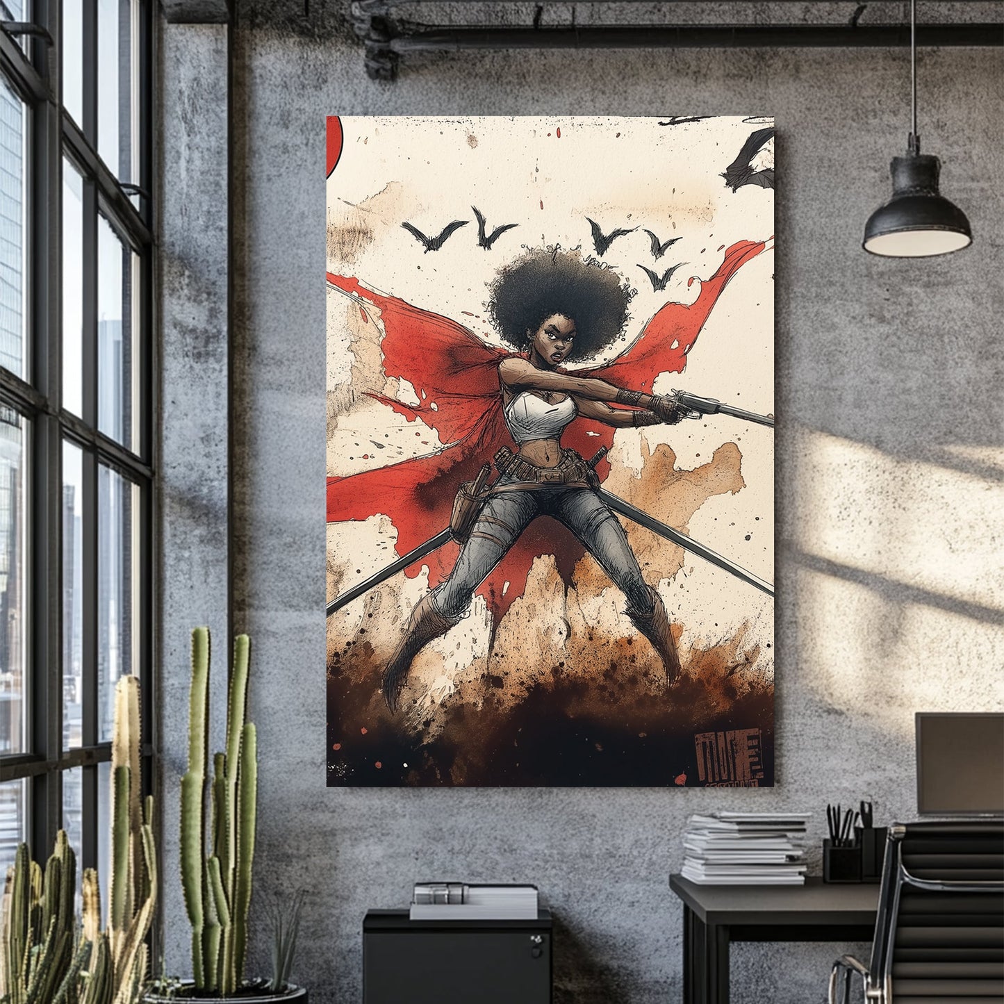 comic style warrior woman wall art with red cape and weapons