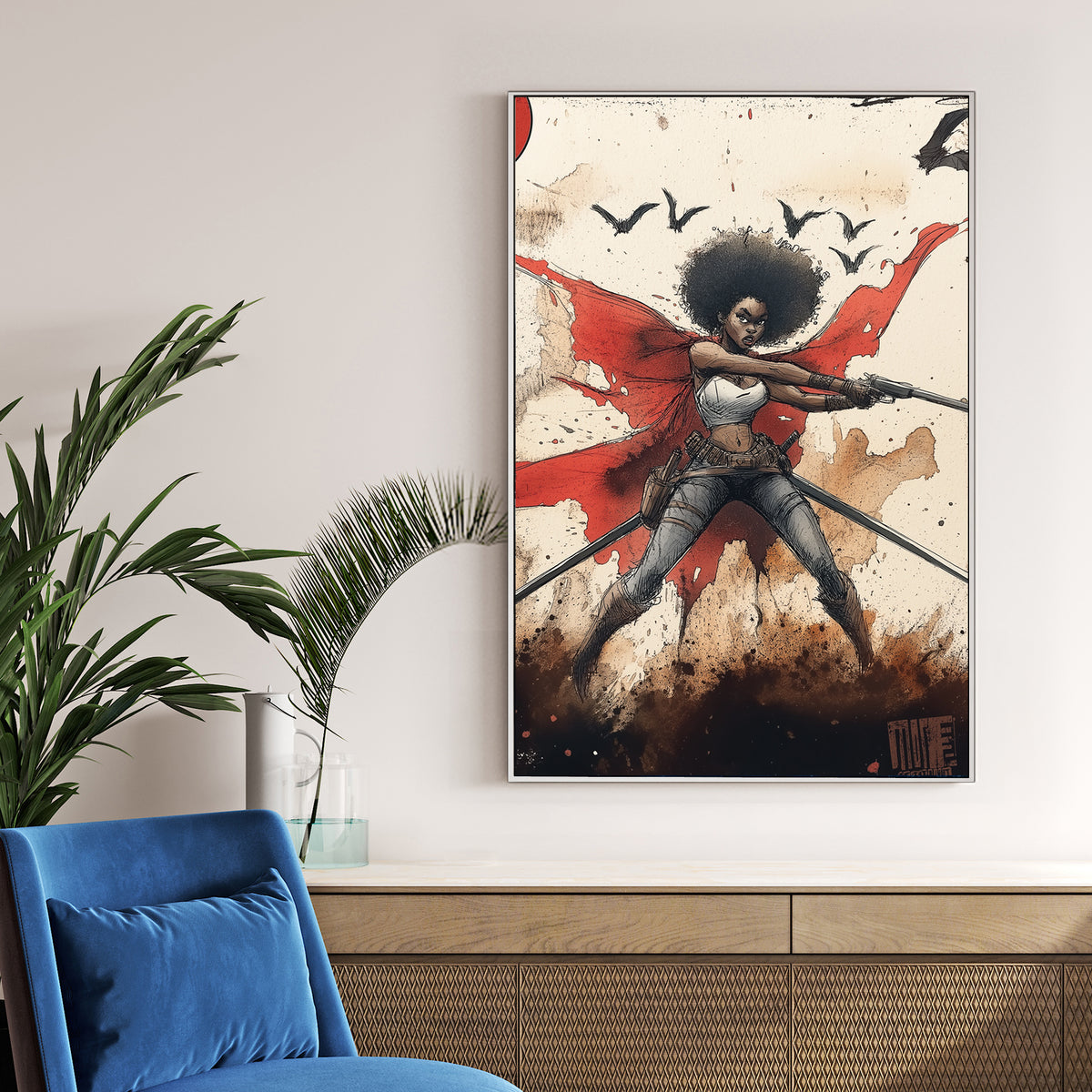 comic style warrior woman wall art with red cape and weapons