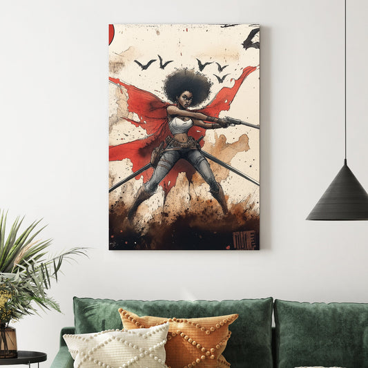 comic style warrior woman wall art with red cape and weapons