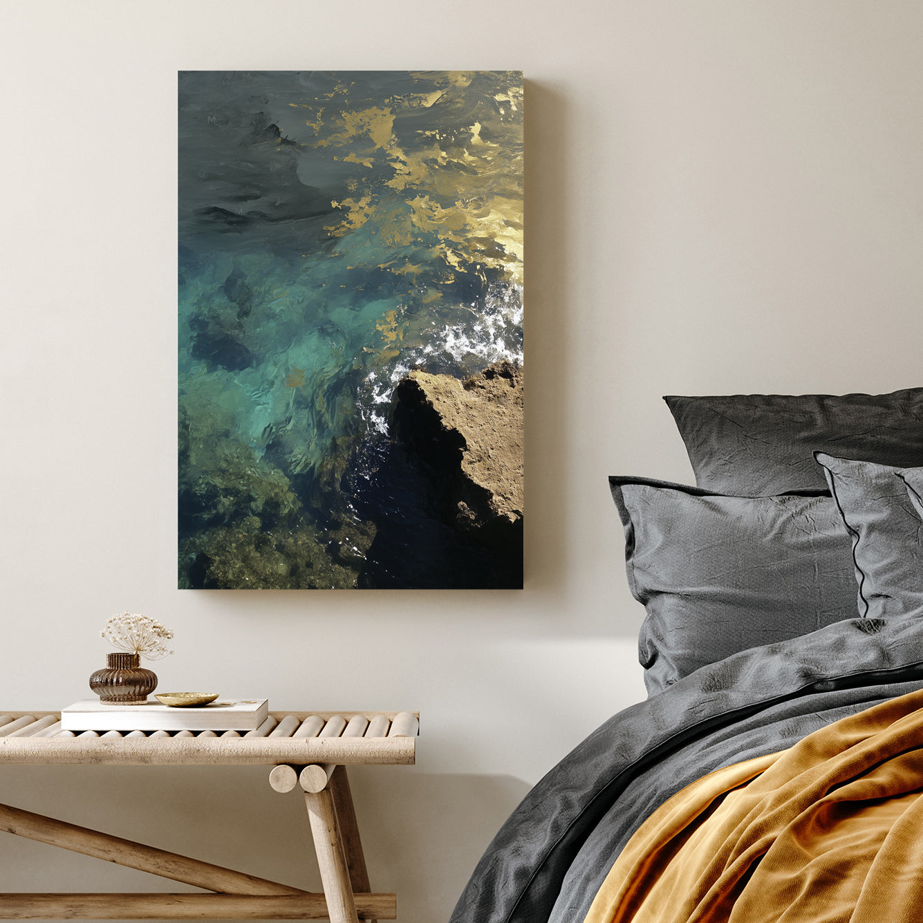 coastal ocean water with gold reflections wall art