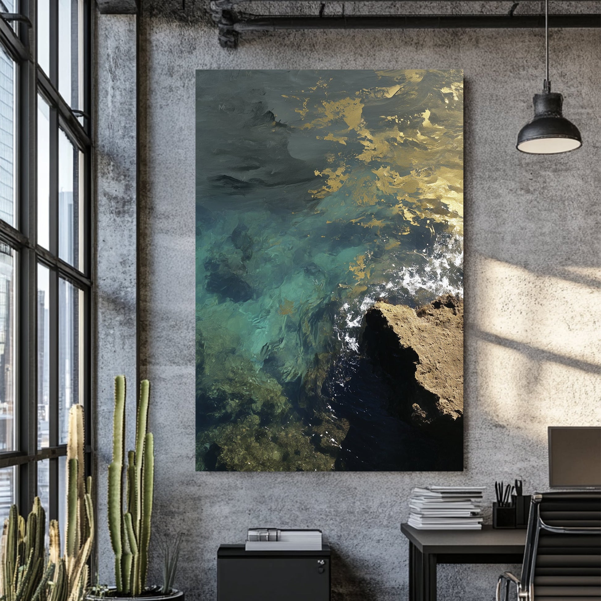coastal ocean water with gold reflections wall art