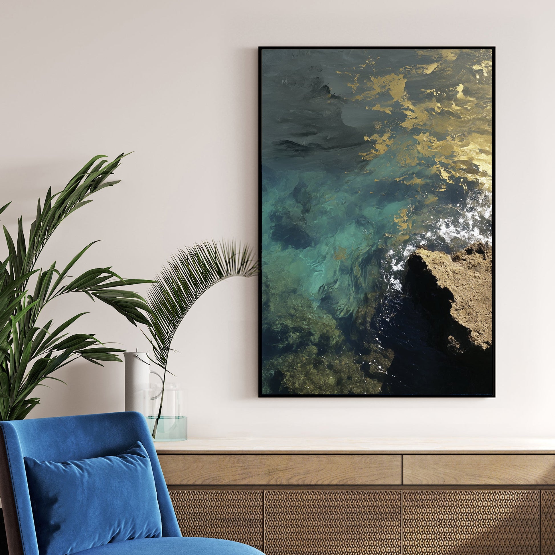 coastal ocean water with gold reflections wall art