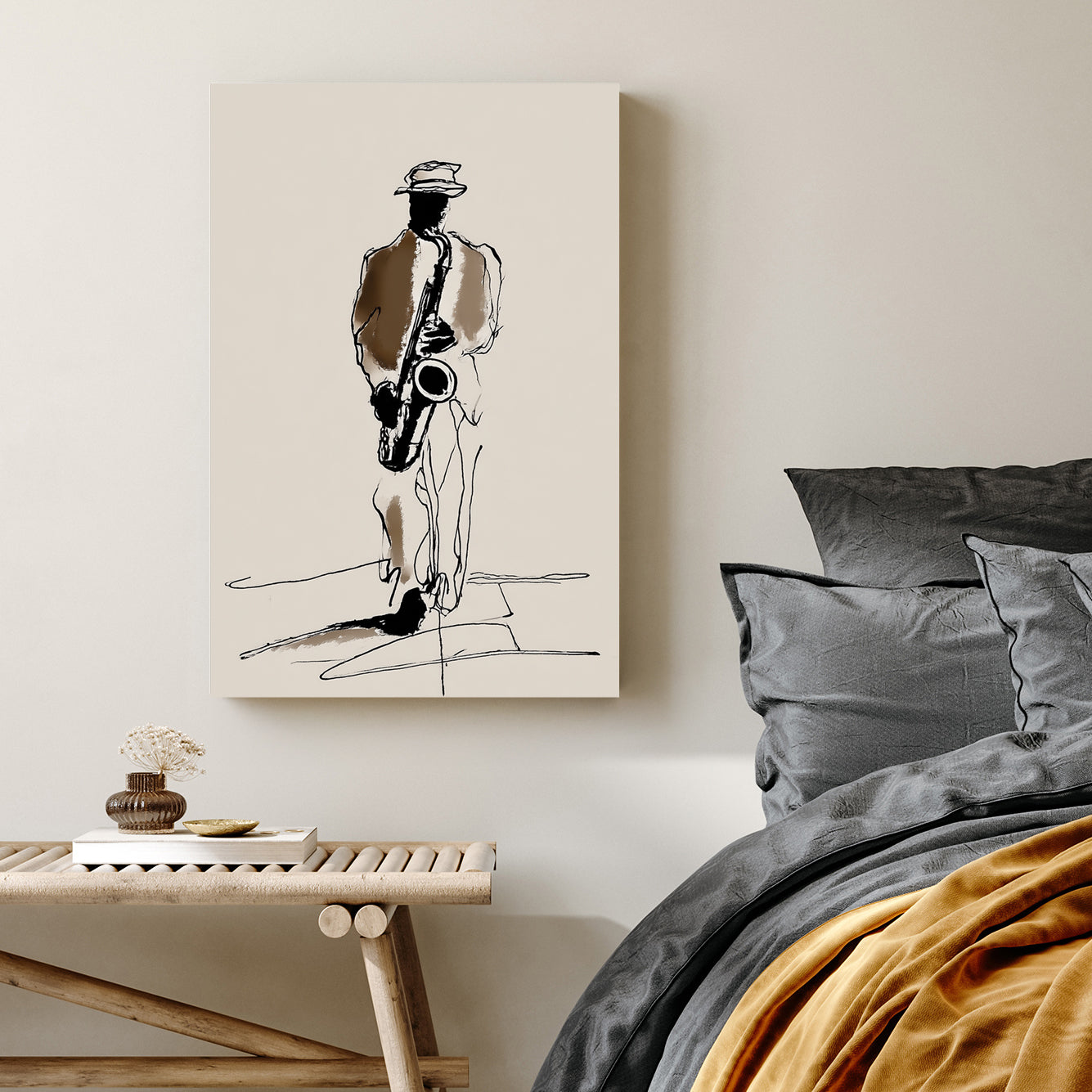minimalist jazz saxophone player wall art