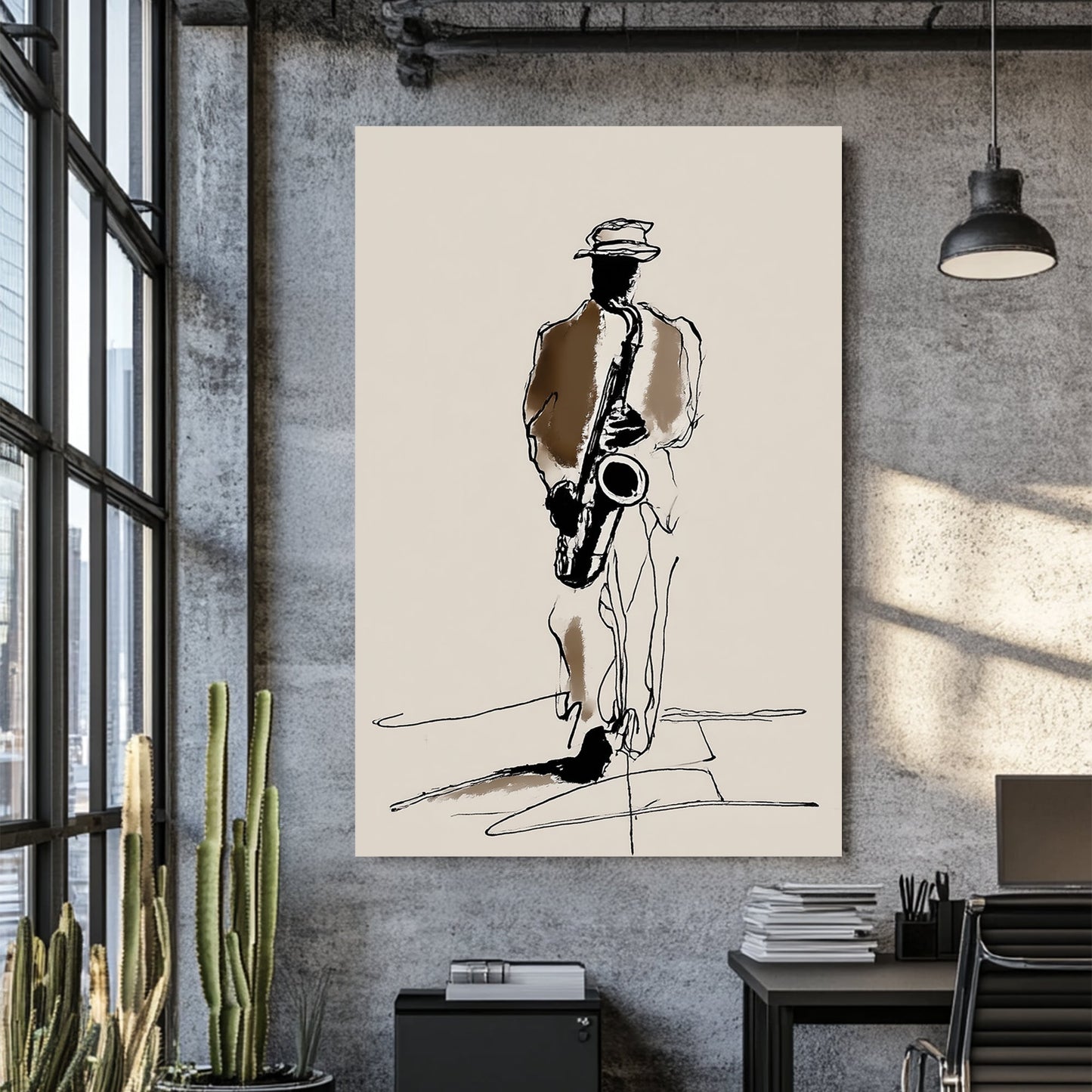 minimalist jazz saxophone player wall art