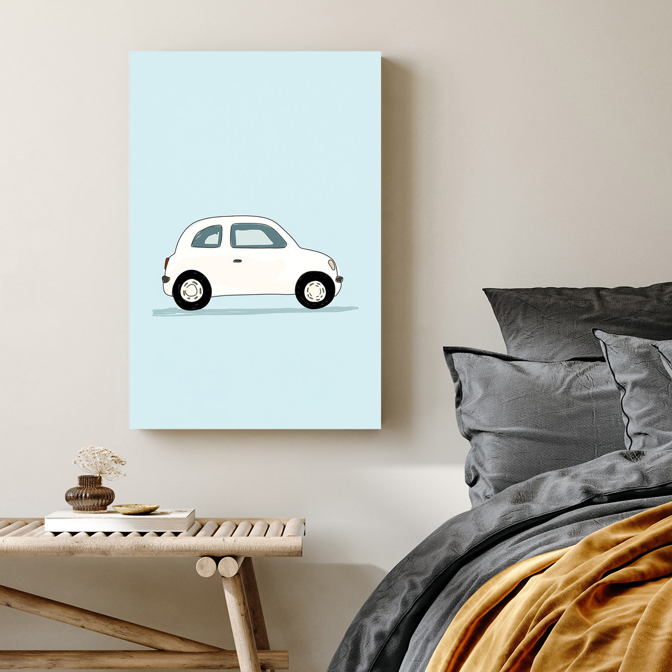 minimalist white car illustration wall art