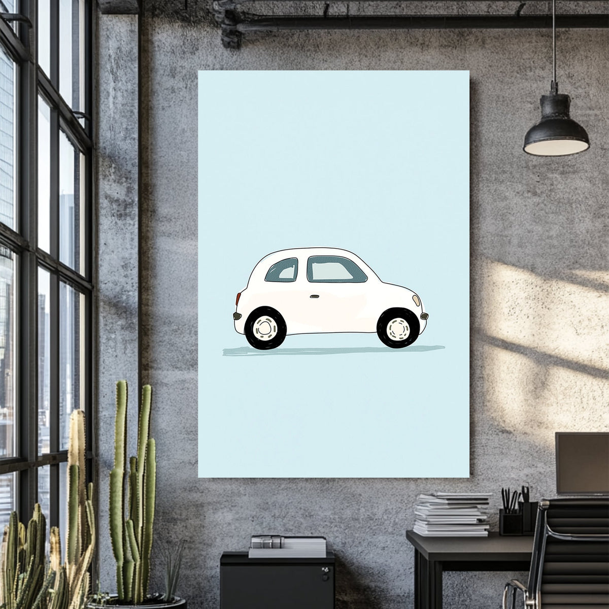 minimalist white car illustration wall art