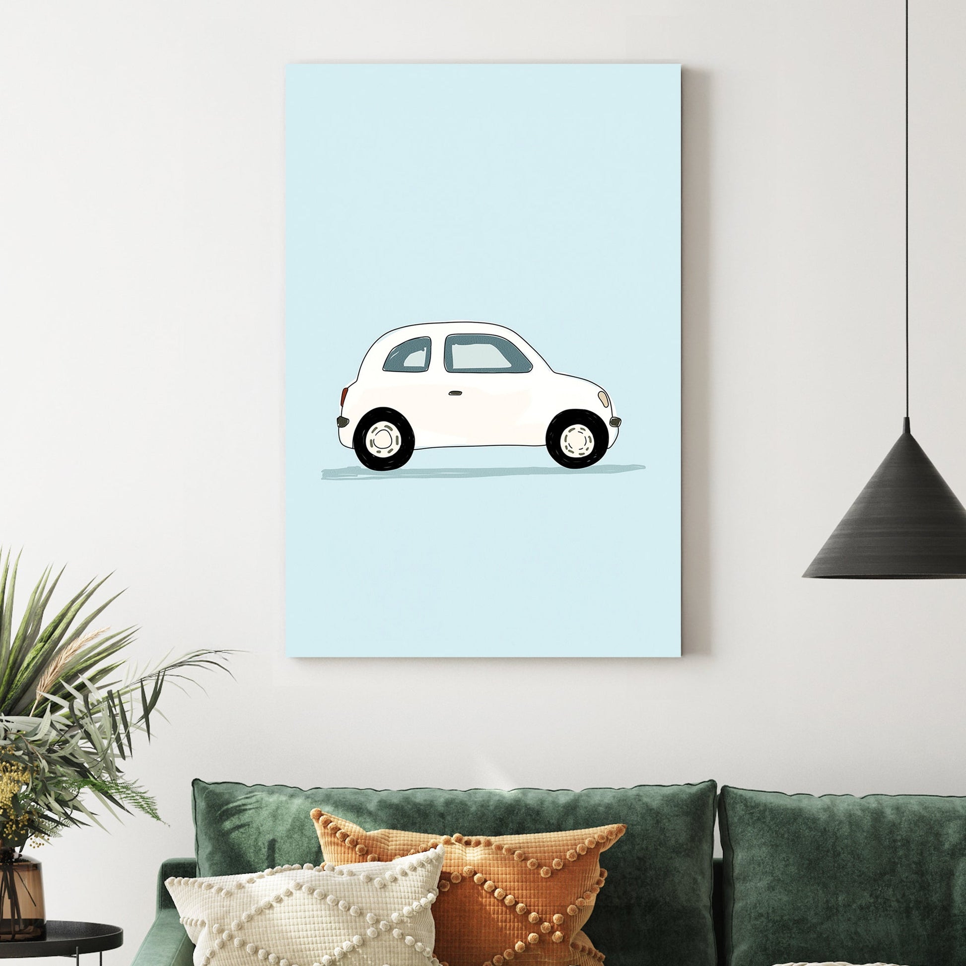 minimalist white car illustration wall art