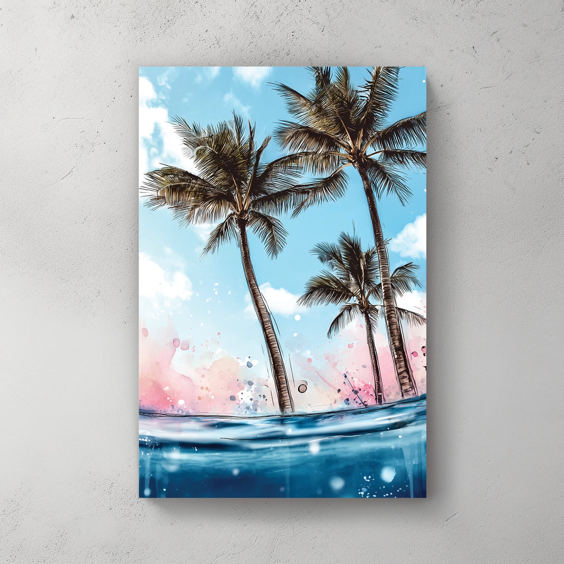 tropical palm trees and ocean wall art with vibrant colours