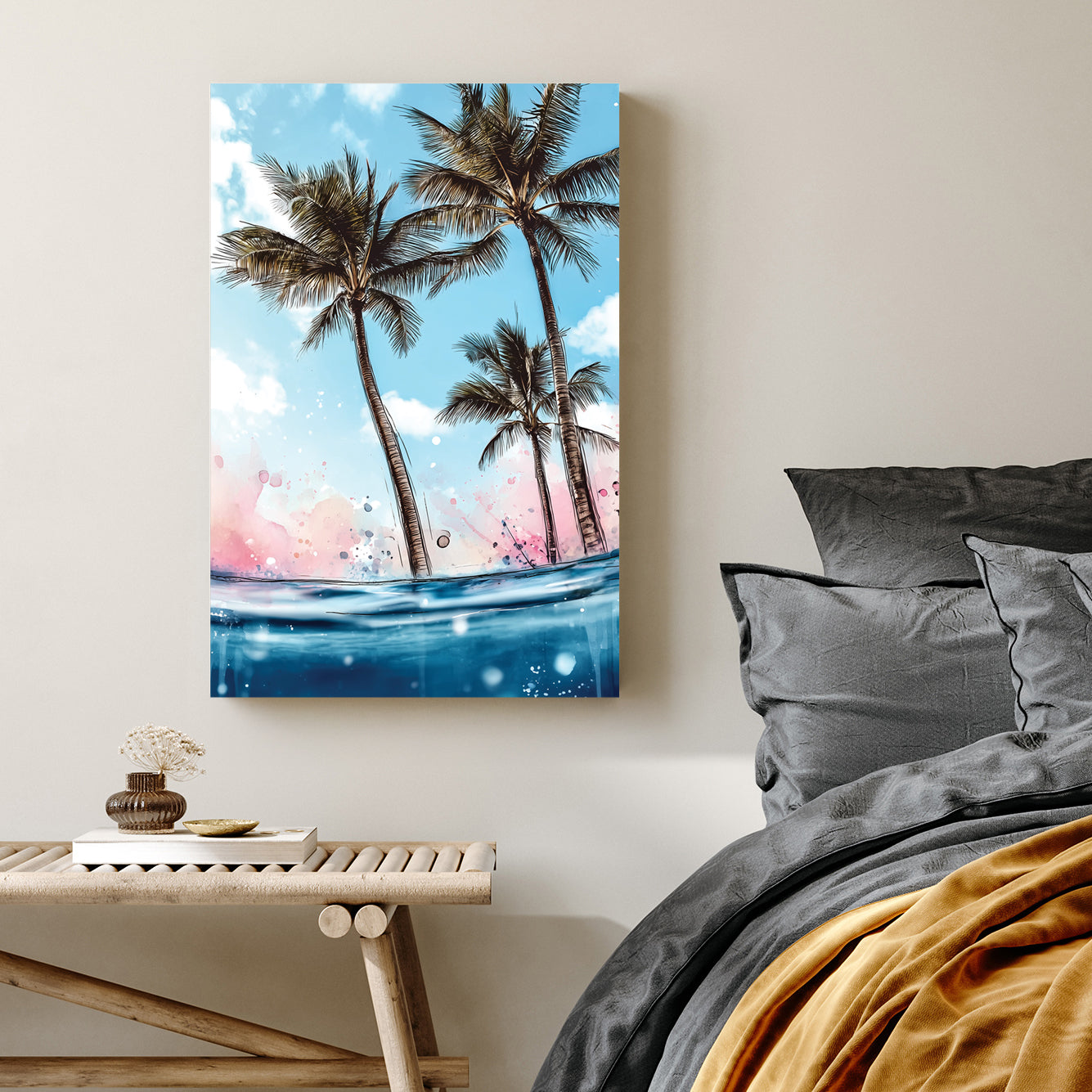tropical palm trees and ocean wall art with vibrant colours