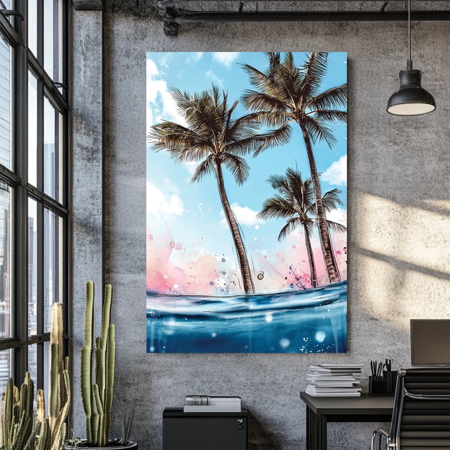 tropical palm trees and ocean wall art with vibrant colours