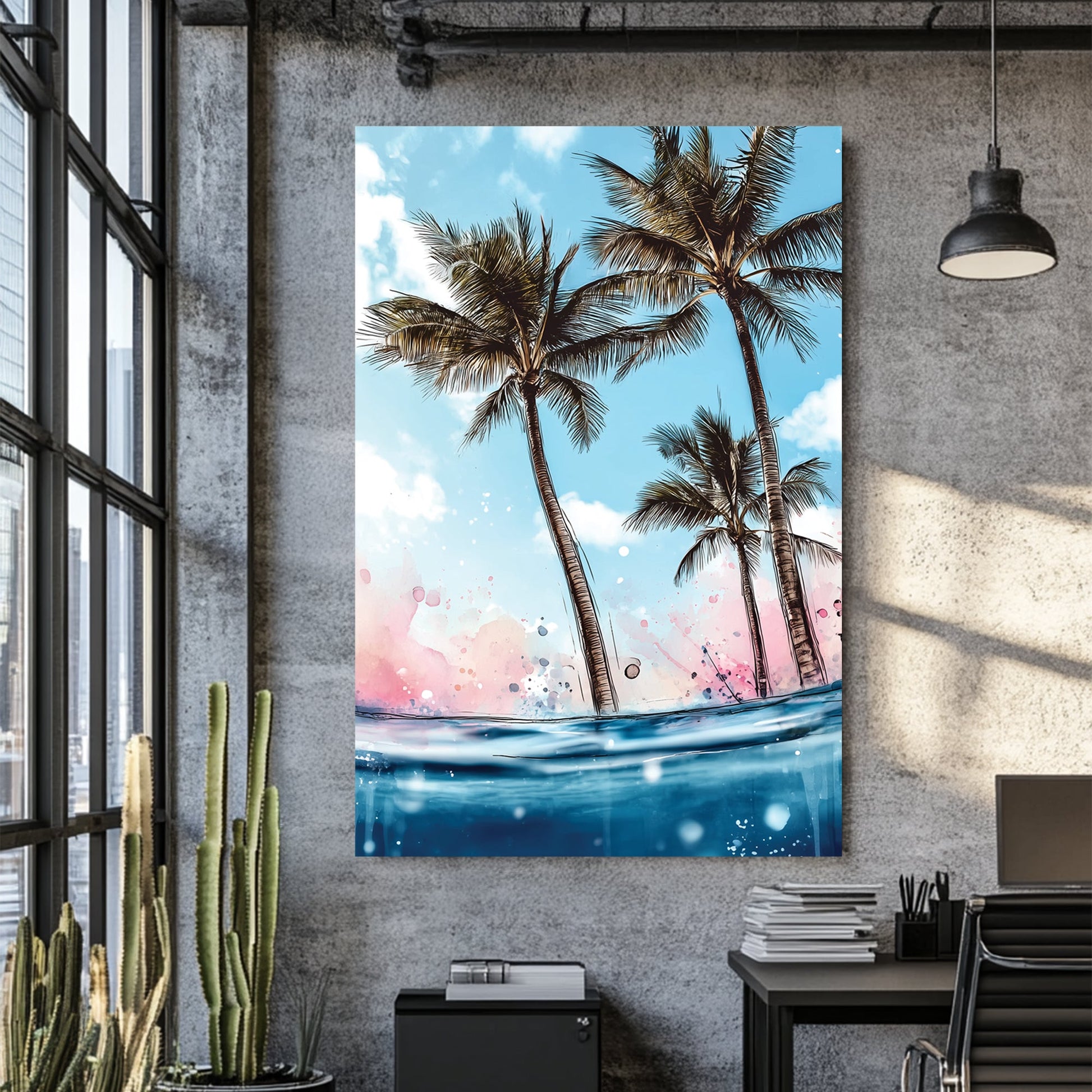 tropical palm trees and ocean wall art with vibrant colours