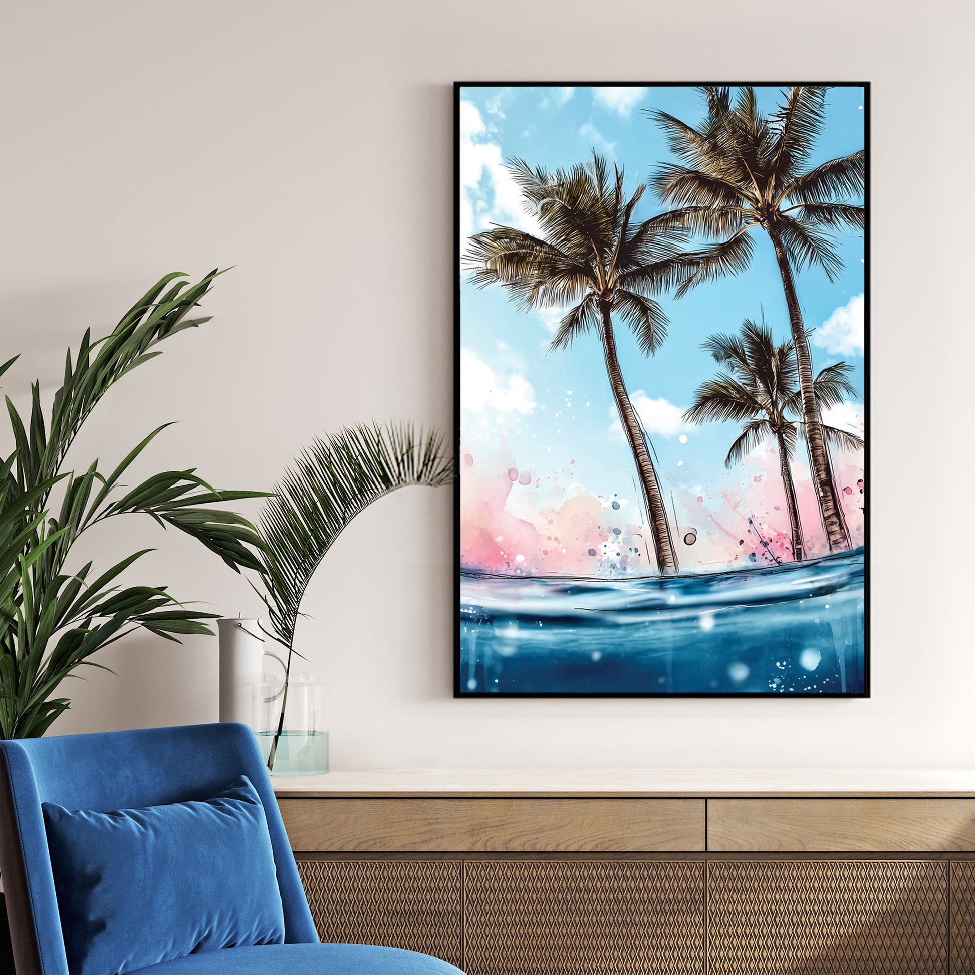 tropical palm trees and ocean wall art with vibrant colours