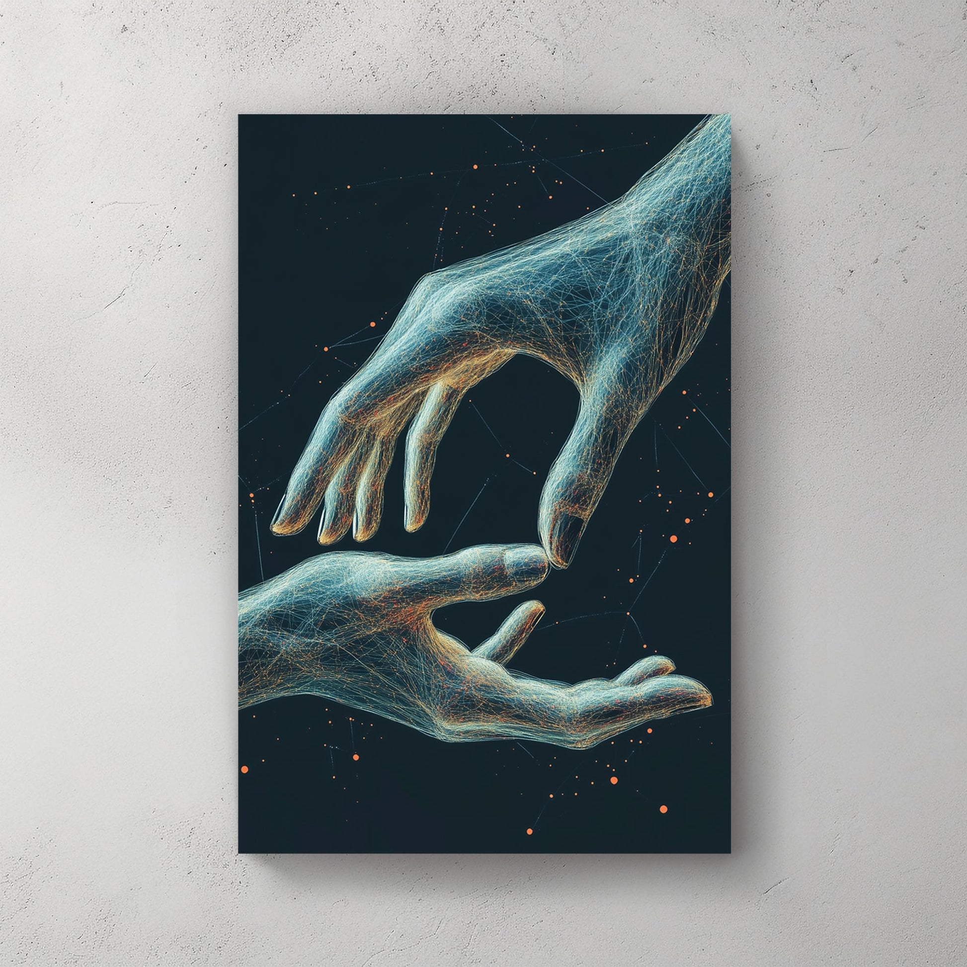 futuristic glowing hands reaching digital wall art