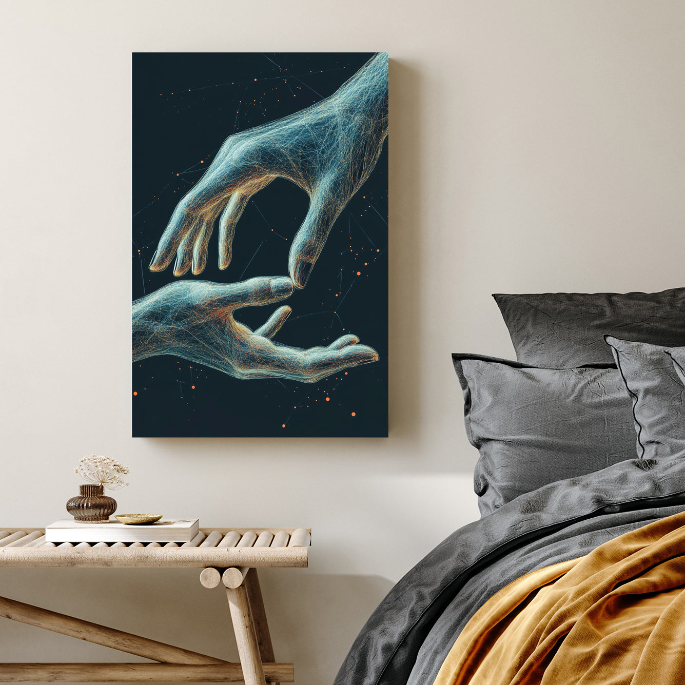 futuristic glowing hands reaching digital wall art