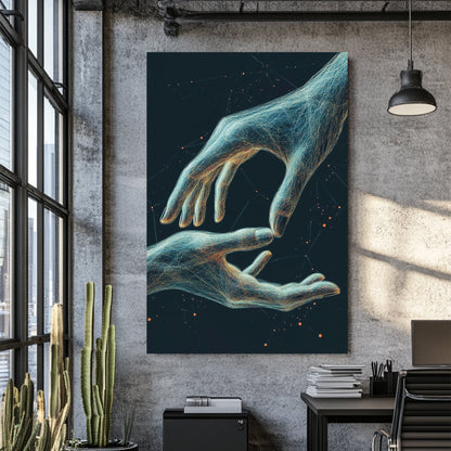 futuristic glowing hands reaching digital wall art