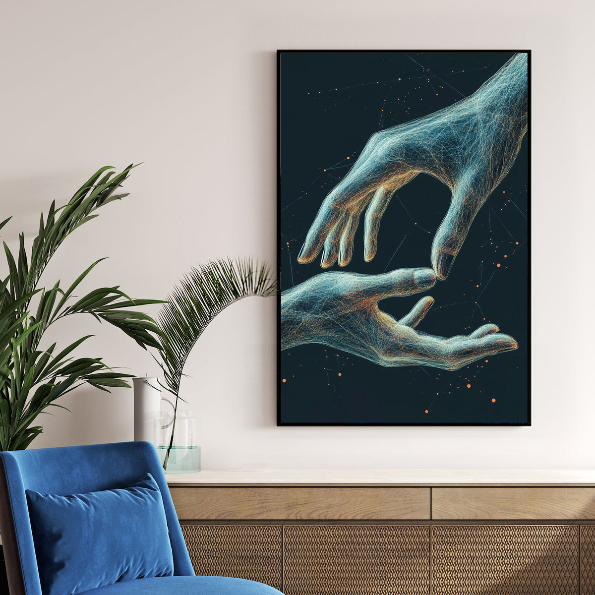 futuristic glowing hands reaching digital wall art