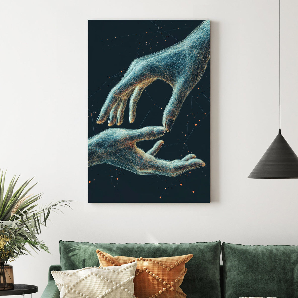 futuristic glowing hands reaching digital wall art