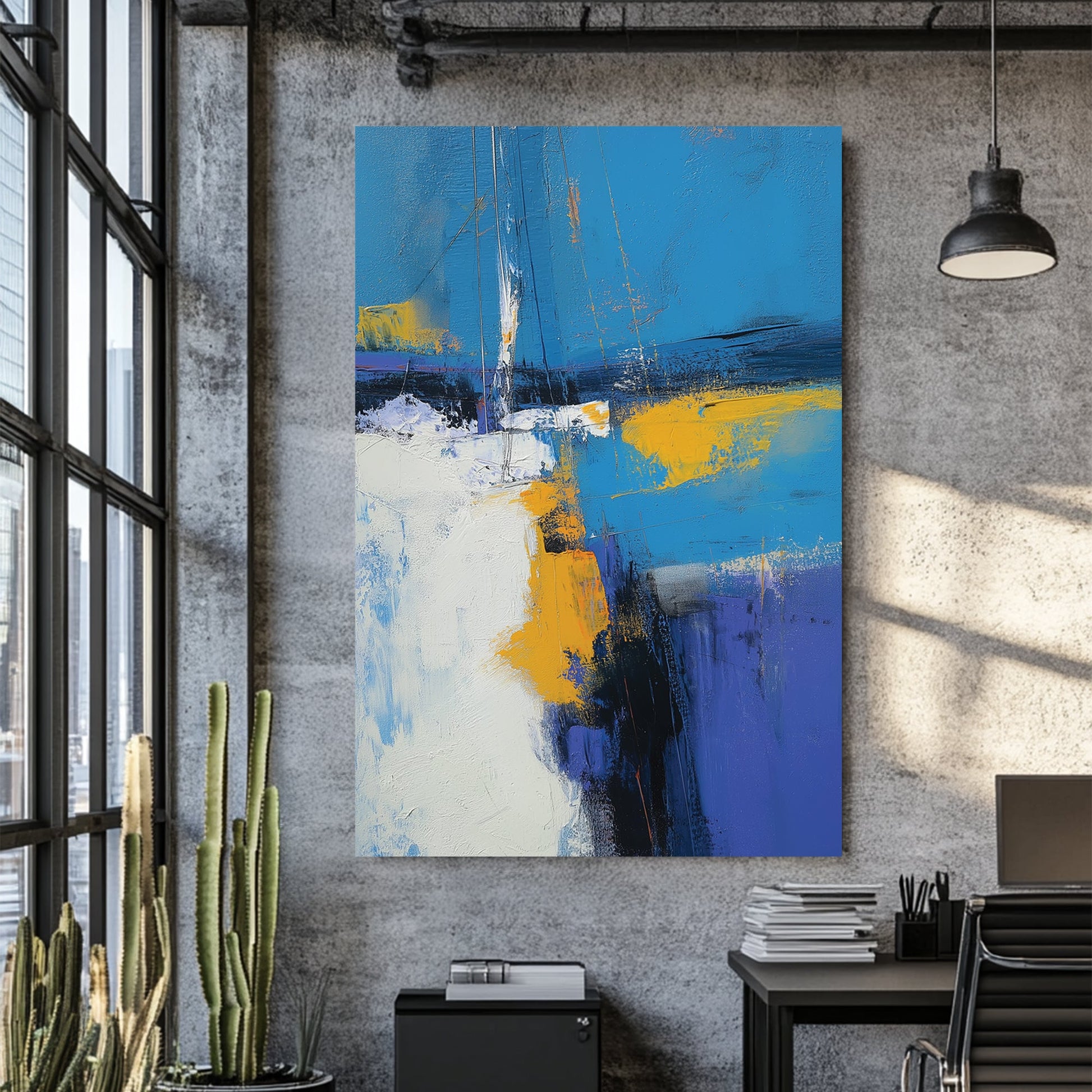 abstract blue yellow modern wall art