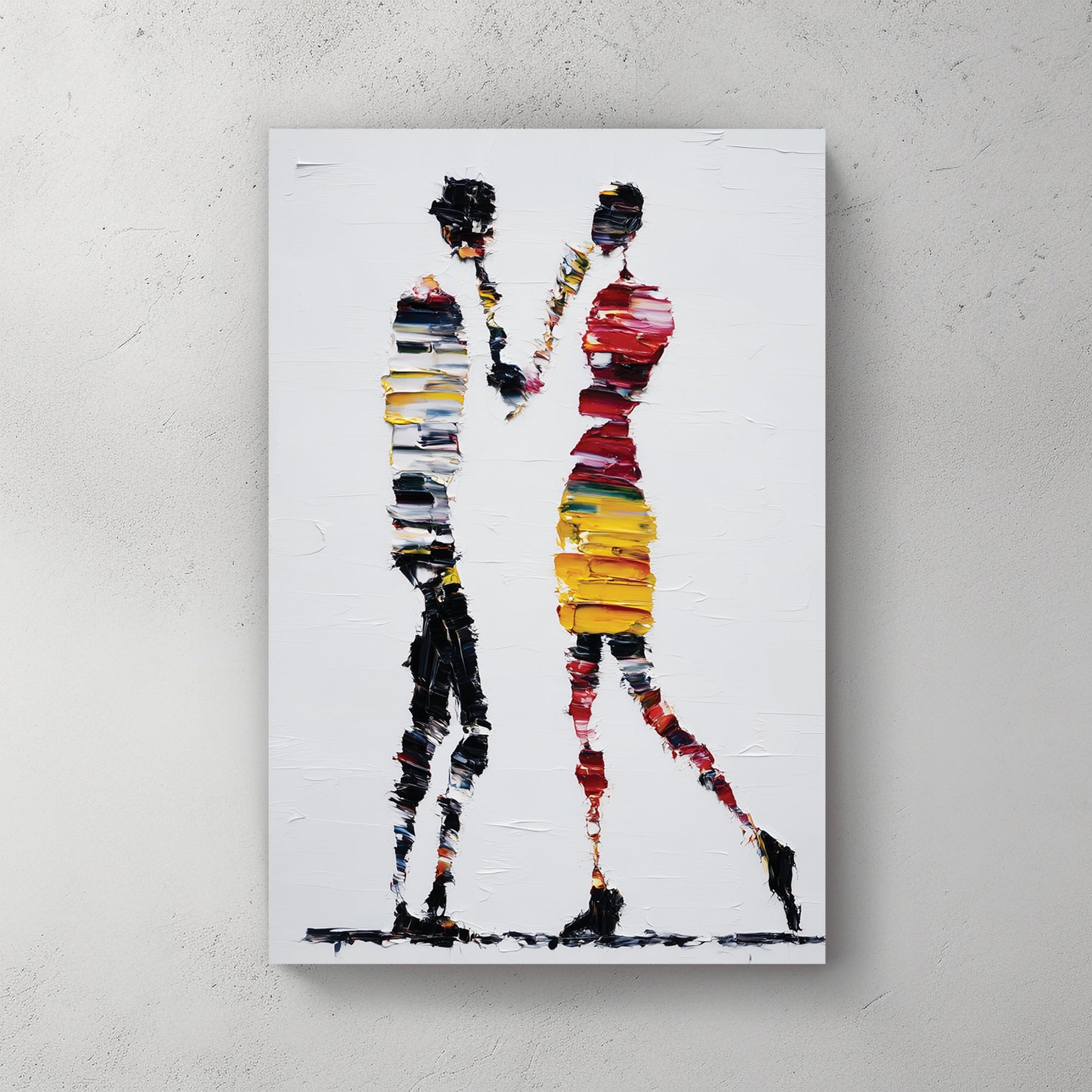 abstract colourful figures wall art with textured palette knife strokes