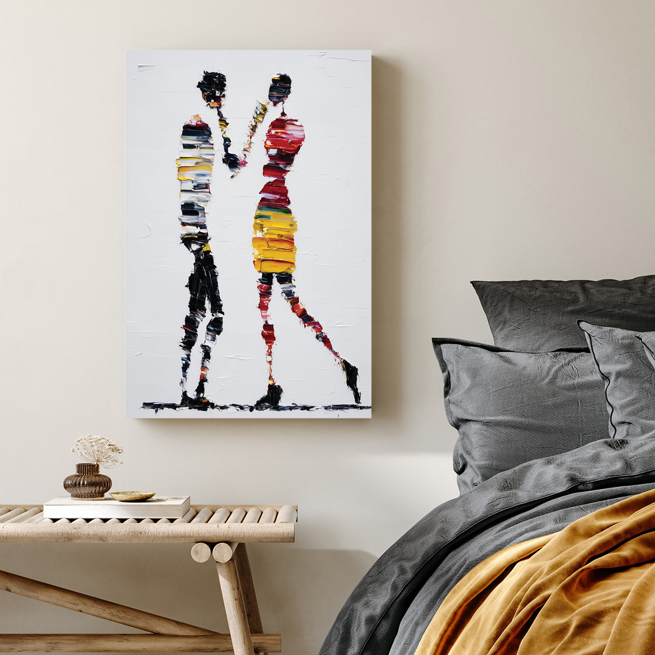 abstract colourful figures wall art with textured palette knife strokes