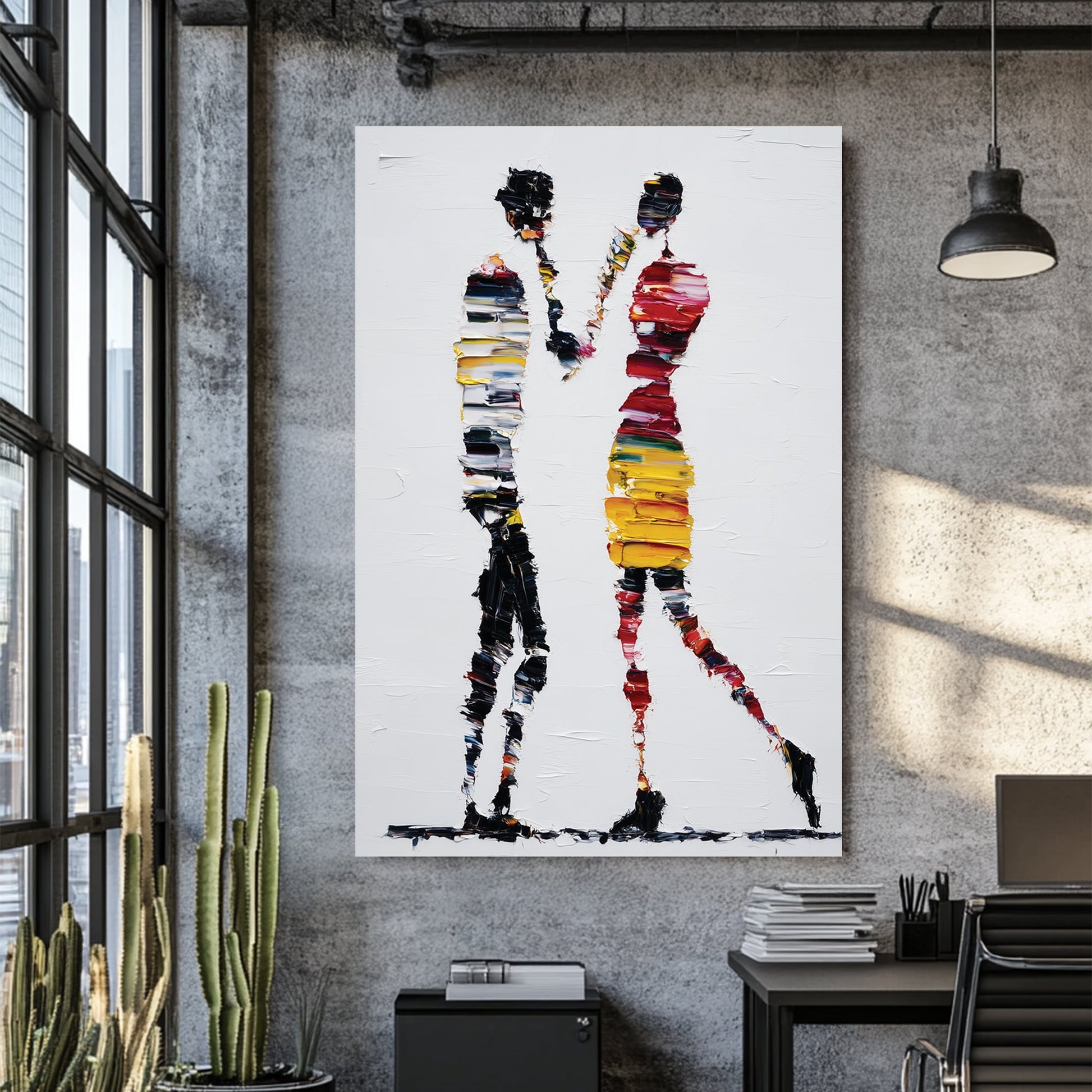 abstract colourful figures wall art with textured palette knife strokes