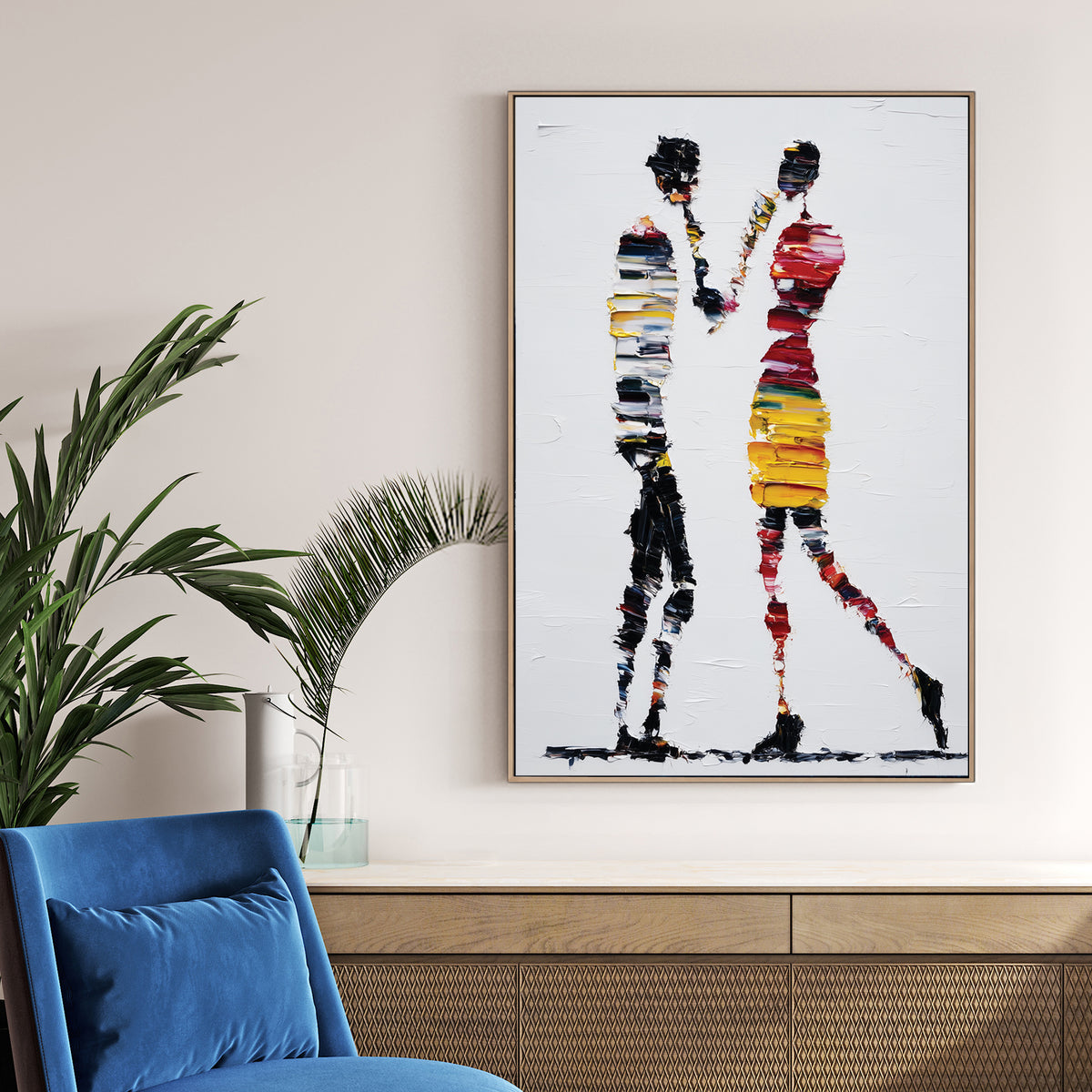 abstract colourful figures wall art with textured palette knife strokes