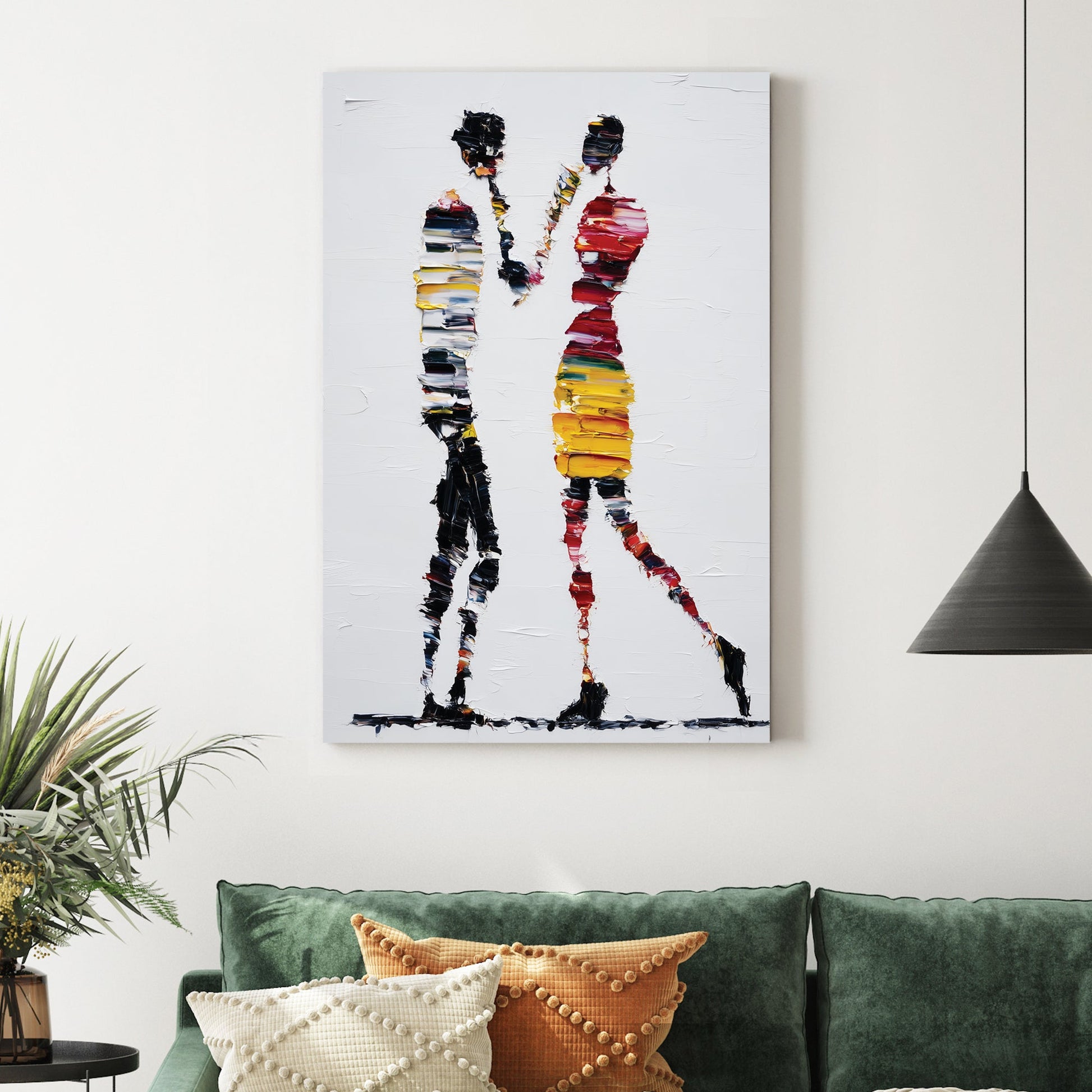 abstract colourful figures wall art with textured palette knife strokes