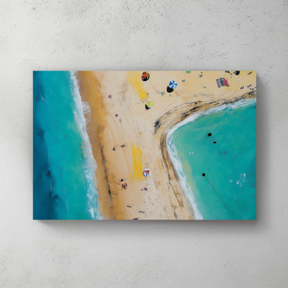 aerial beach scene wall art with turquoise ocean and umbrellas