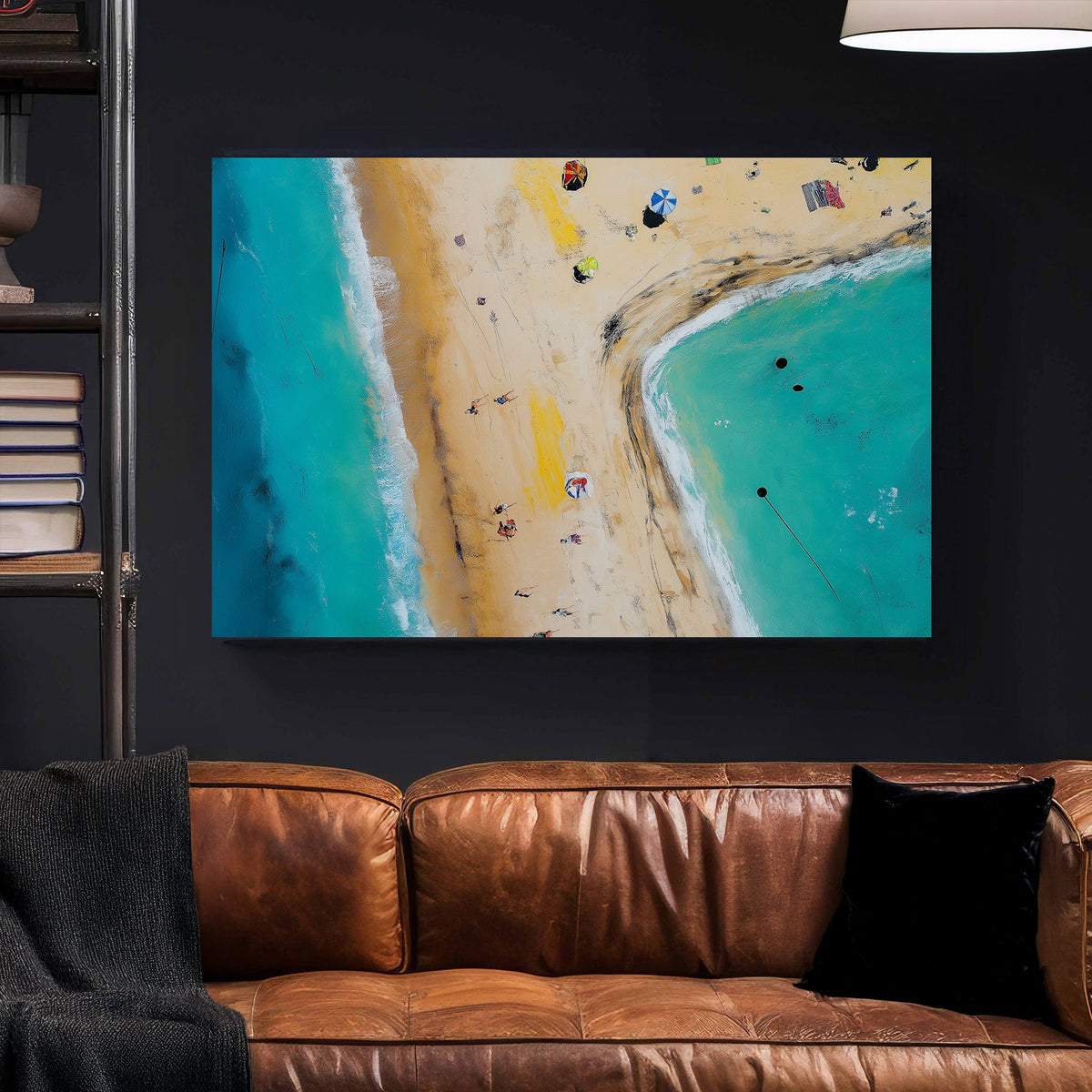 aerial beach scene wall art with turquoise ocean and umbrellas