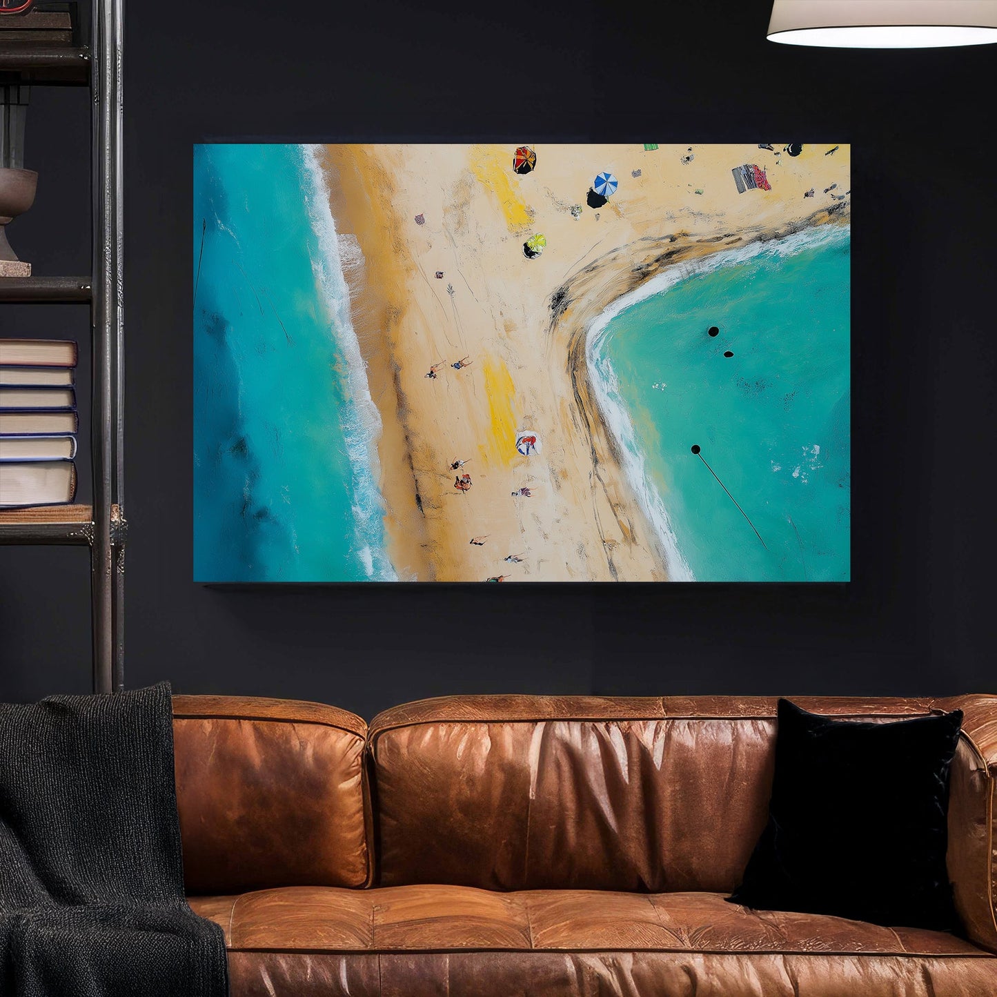 aerial beach scene wall art with turquoise ocean and umbrellas