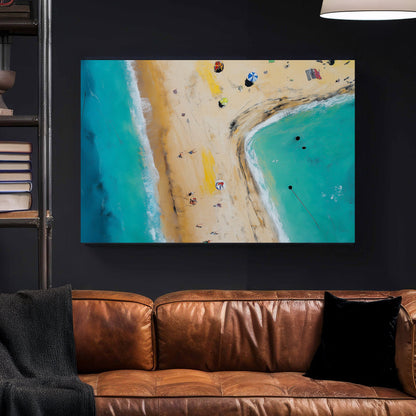 aerial beach scene wall art with turquoise ocean and umbrellas