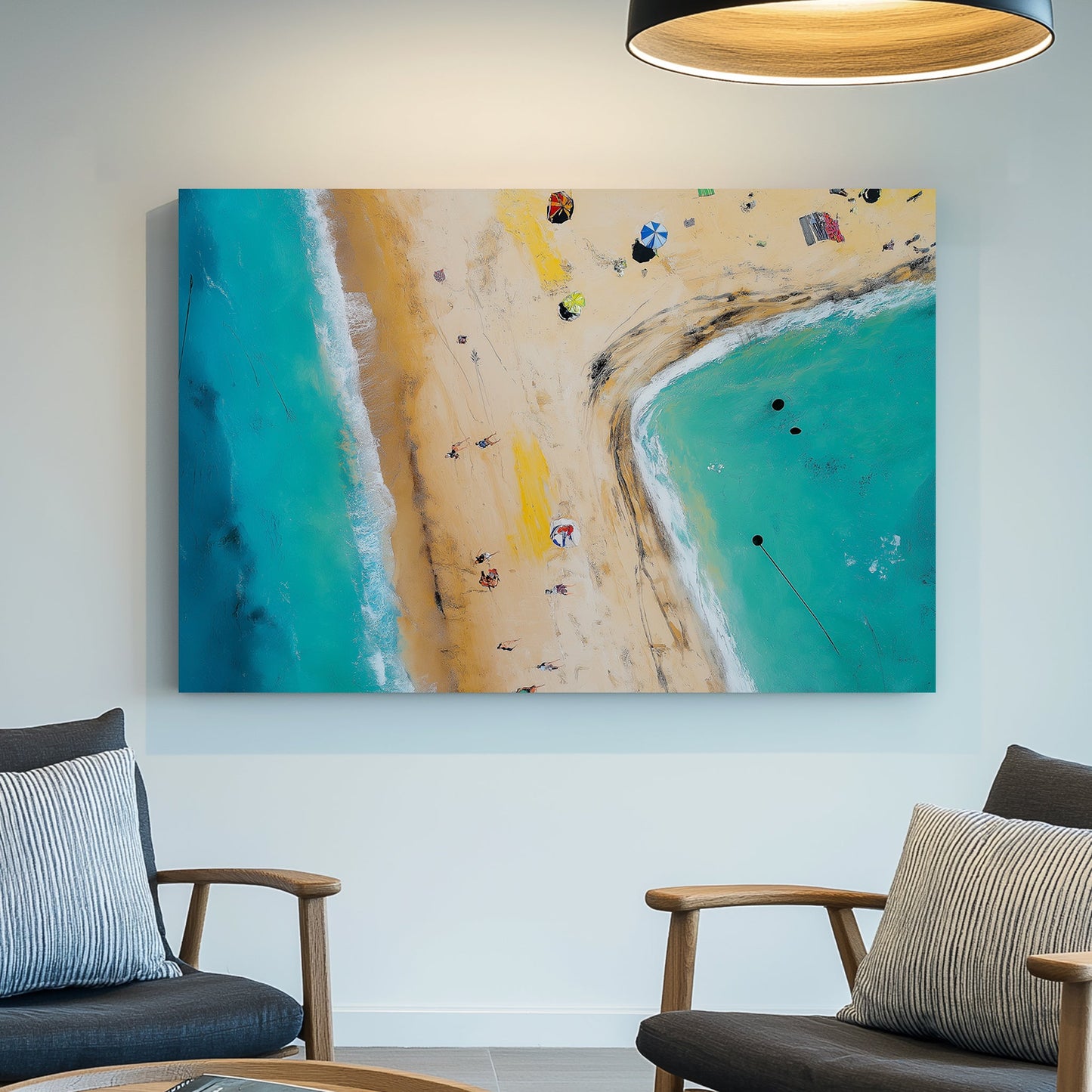 aerial beach scene wall art with turquoise ocean and umbrellas