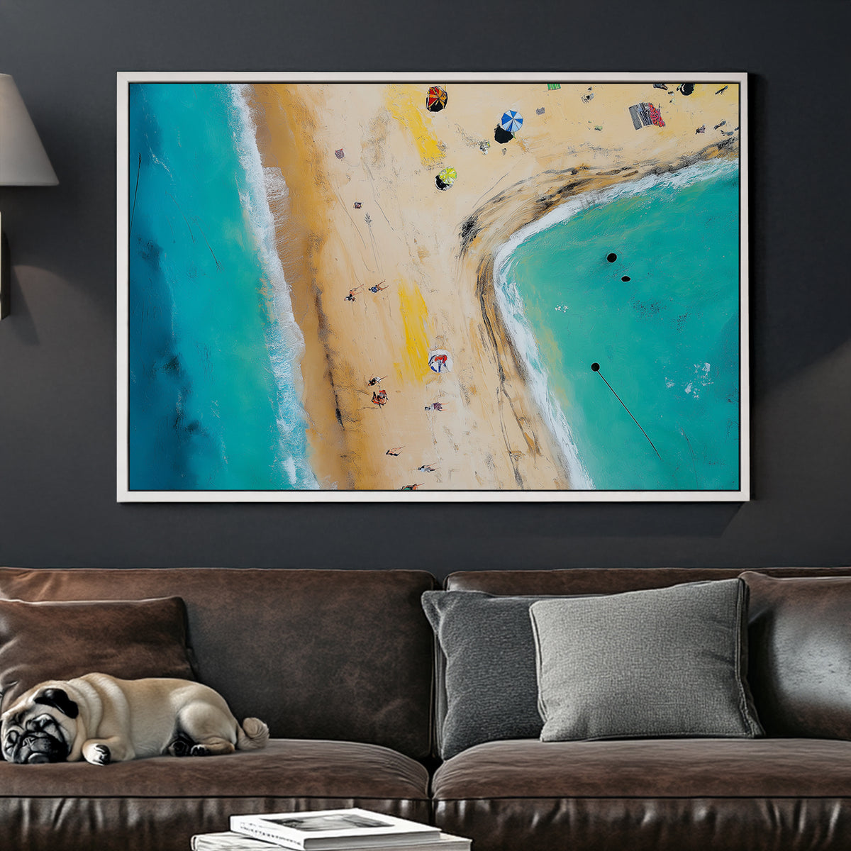 aerial beach scene wall art with turquoise ocean and umbrellas
