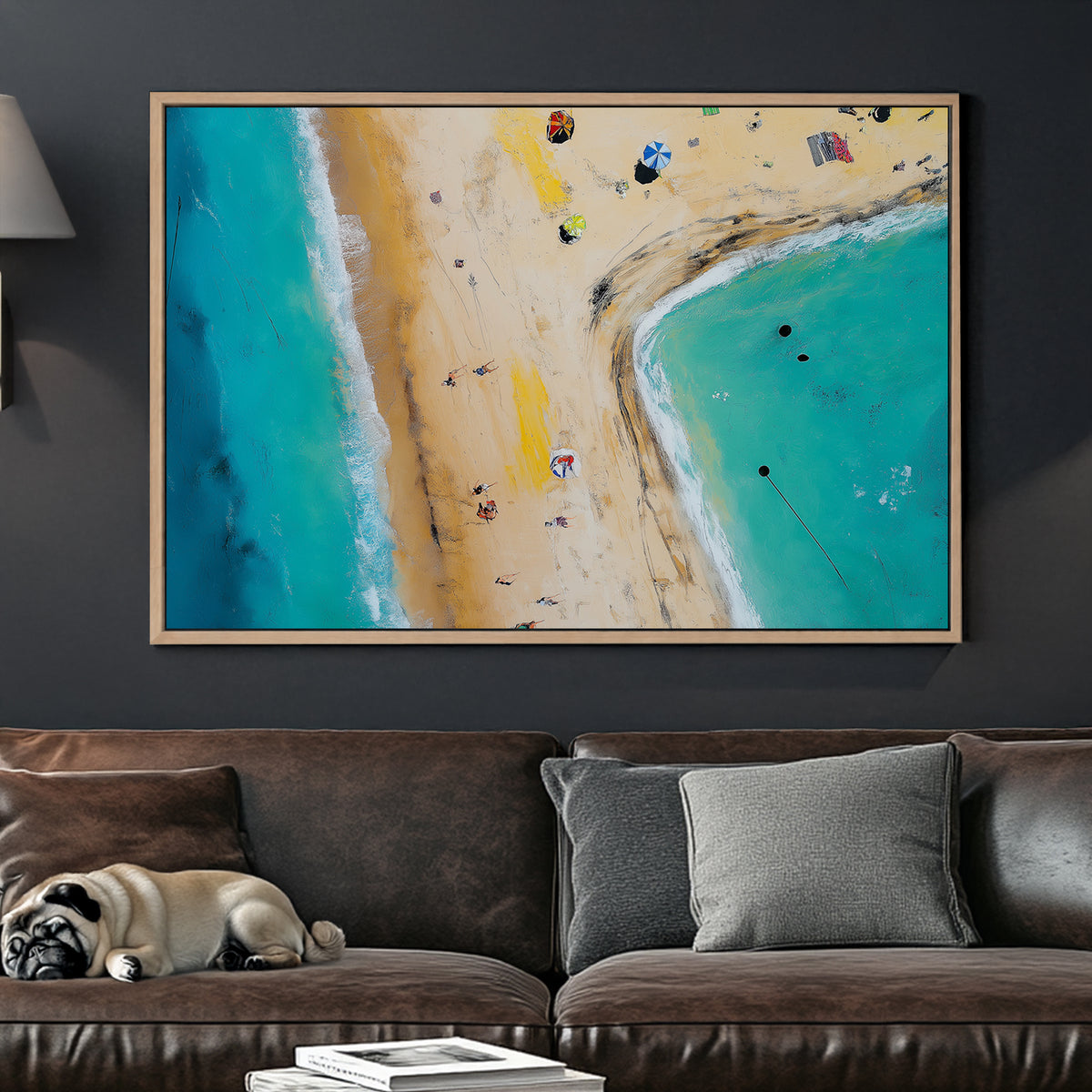 aerial beach scene wall art with turquoise ocean and umbrellas