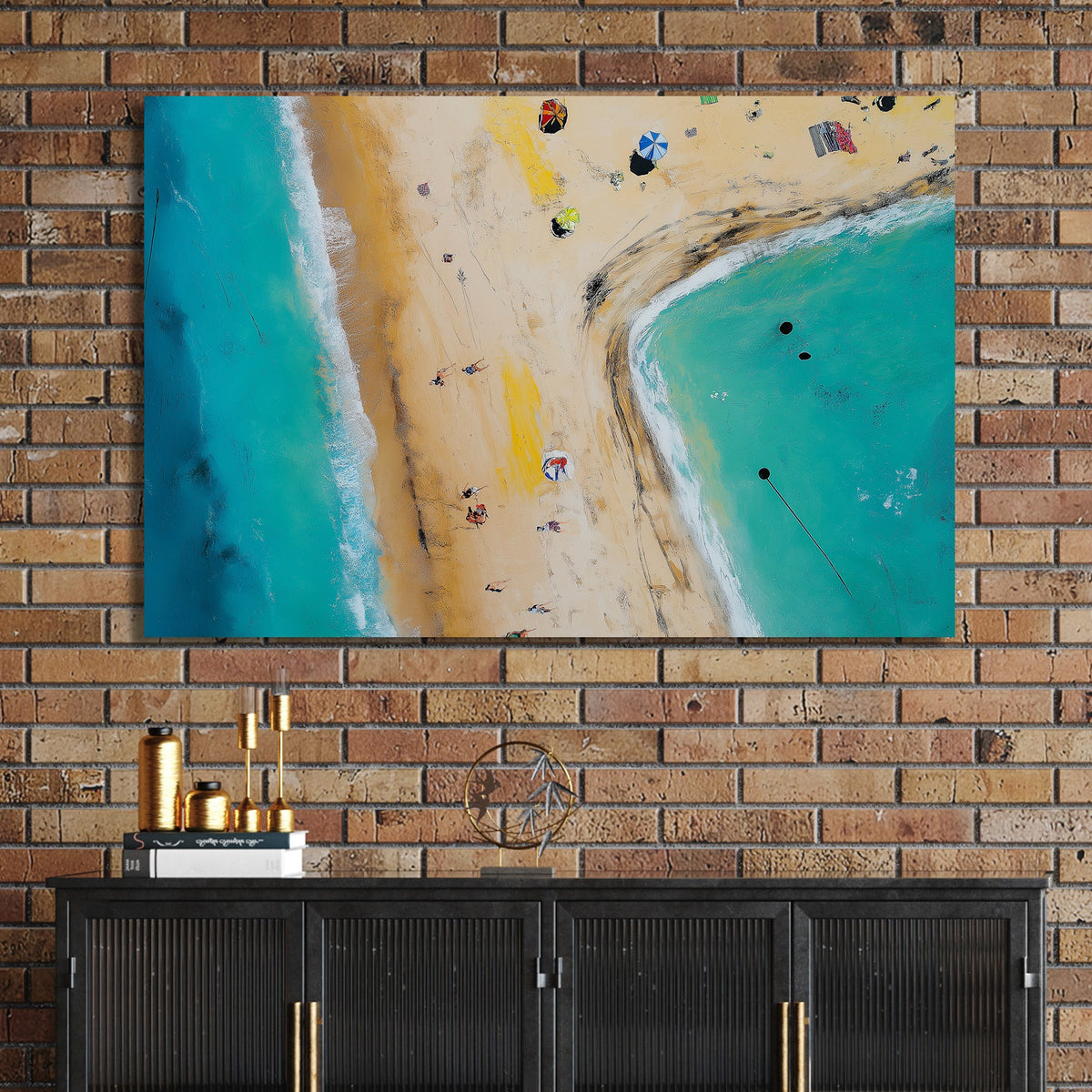 aerial beach scene wall art with turquoise ocean and umbrellas