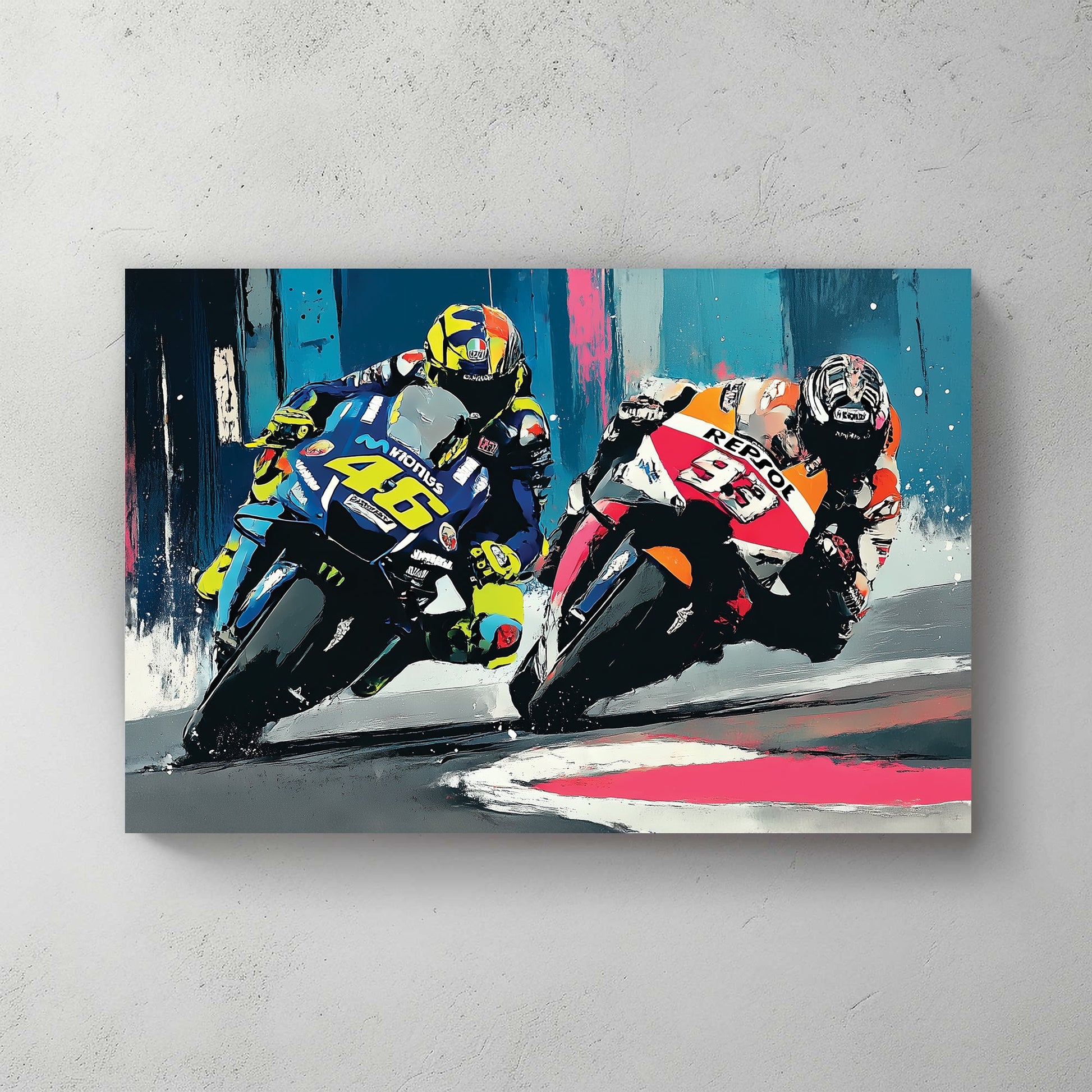 Rossi and Marquez motorcycle racing wall art