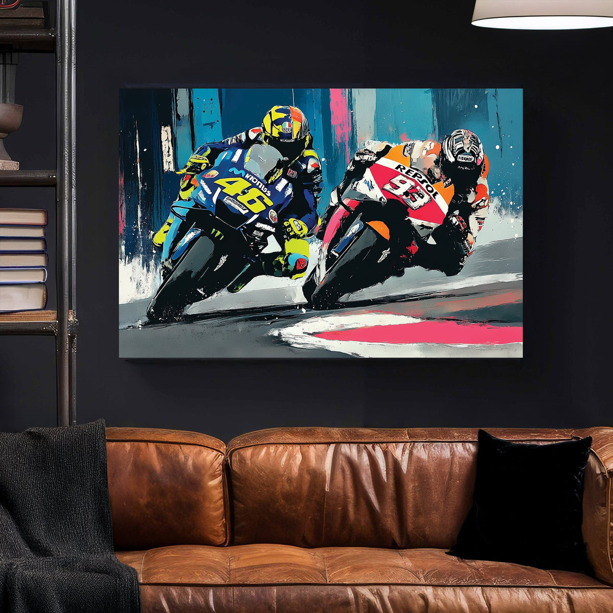 Rossi and Marquez motorcycle racing wall art