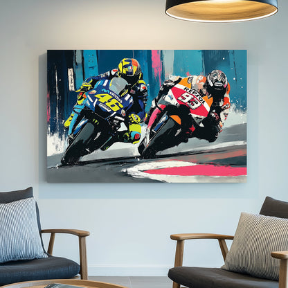 Rossi and Marquez motorcycle racing wall art