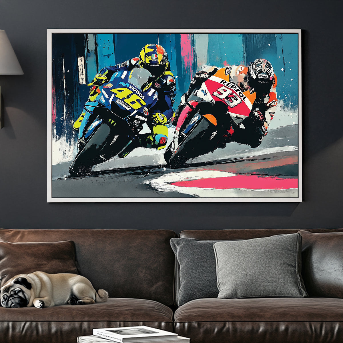 Rossi and Marquez motorcycle racing wall art