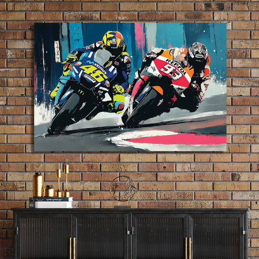 Rossi and Marquez motorcycle racing wall art
