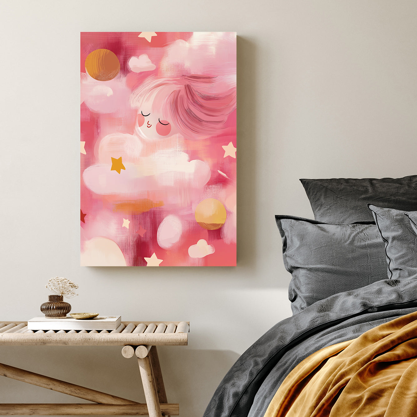 dreamy pink clouds and stars kids wall art